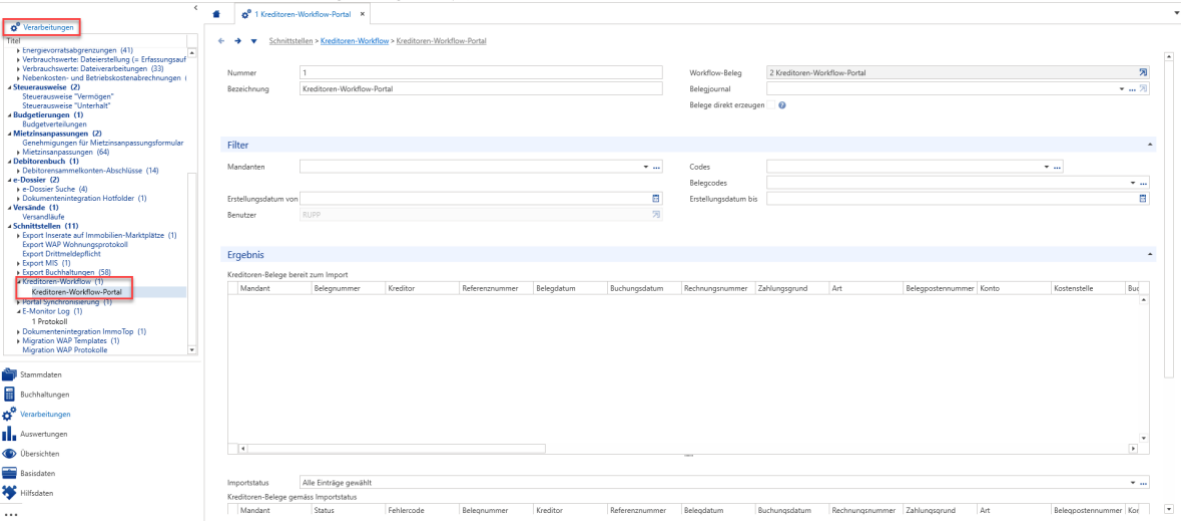 Verarbeitungen / Schnittstellen / Kreditoren-Workflow-Portal: oben Nummer, Bezeichnung, Workflow-Beleg, Belegjournal und «Belege direkt erzeugen»; darunter Filterblock und die beiden Ergebnisblöcke.