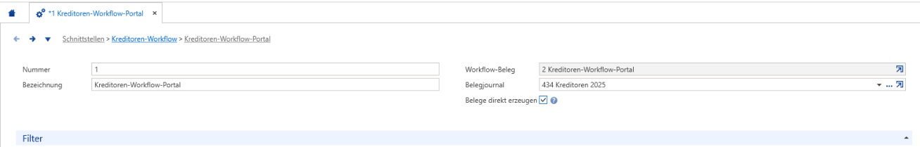 Derselbe Kopfbereich ausgefüllt: Workflow-Beleg «2 Kreditoren-Workflow-Portal», ein Belegjournal gewählt und «Belege direkt erzeugen» gesetzt — nur dann landet der Beleg direkt im Journal.