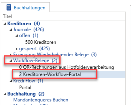 Navigationsbaum Buchhaltungen / Kreditoren: hervorgehoben «Workflow-Belege» mit «0 QR-Rechnungen aus Hotfolderverarbeitung» und «2 Kreditoren-Workflow-Portal»; darunter «Kredi Flow / Portal».