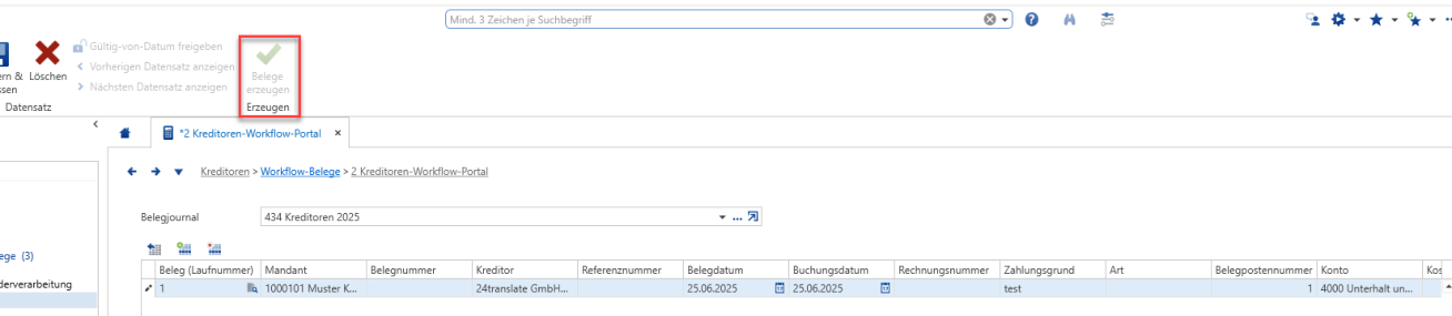 Workflow-Belege «2 Kreditoren-Workflow-Portal»: oben das Feld Belegjournal, darunter die Belegtabelle mit Mandant, Kreditor, Datum und Konto; im Menüband hervorgehoben «Belege erzeugen».