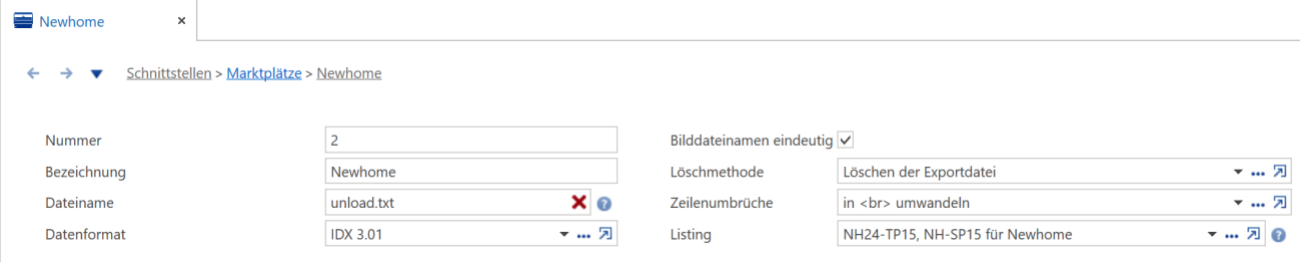 Marktplätze, Block «Grundangaben» am Beispiel Newhome: Nummer 2, Dateiname «unload.txt» (daneben das rote X), Datenformat «IDX 3.01», Löschmethode «Löschen der Exportdatei», Listing «NH24-TP15».