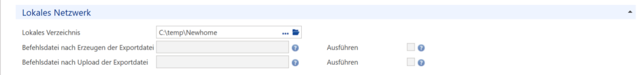 Block «Lokales Netzwerk»: Feld «Lokales Verzeichnis» mit dem Exportpfad, dazu die Felder für Befehlsdateien nach Erzeugen und nach Upload der Exportdatei, je mit Kästchen «Ausführen».