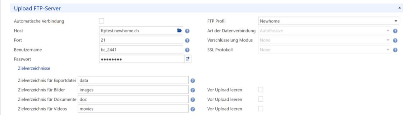 Block «Upload FTP-Server»: Host, Port 21, Benutzername und Passwort, FTP-Profil, «AutoPassive», Verschlüsselung «None»; Zielverzeichnisse data, images, doc, movies, je mit «Vor Upload leeren».