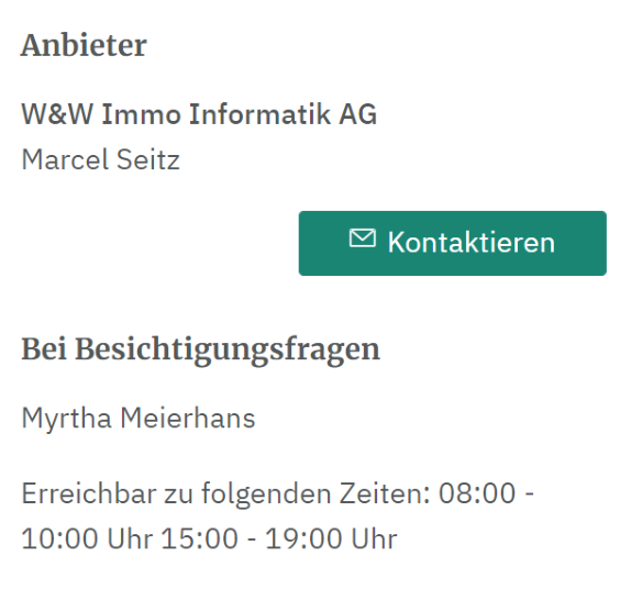 Ausschnitt des publizierten Inserats: Block «Anbieter» mit Firma, Bewirtschafter und «Kontaktieren», darunter «Bei Besichtigungsfragen» mit Kontaktperson und den Zeiten aus dem Unterdialog Verwaltung.