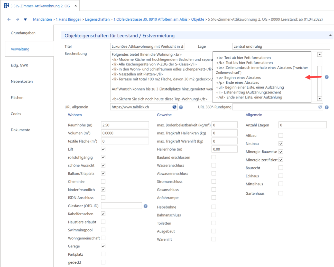 Rollo «Objekteigenschaften für Leerstand / Erstvermietung»: Titel, Lage, Beschreibung mit HTML, URL-Felder; Tooltipp mit den erlaubten Tags b, br, p, ul, li; darunter Wohnen, Gewerbe, Allgemein.
