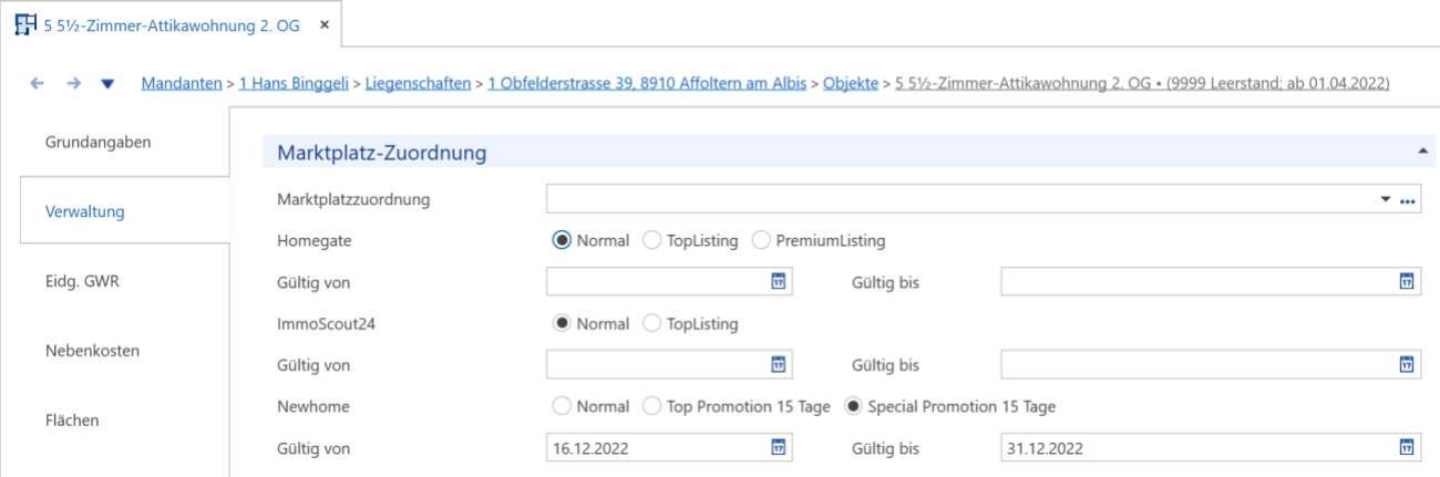 Rollo «Marktplatz-Zuordnung»: leeres Feld heisst Publikation auf allen Marktplätzen; je Marktplatz die Art der Publikation mit Gültig von/bis — Normal, TopListing, PremiumListing, Special Promotion.