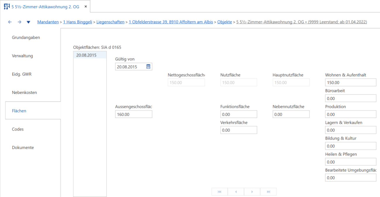Objekte, Unterdialog «Flächen» nach SIA d 0165: Gültig ab, Nettogeschoss-, Nutz- und Hauptnutzfläche je 150.00, Aussengeschossfläche 160.00, übrige 0.00; rechts «Wohnen & Aufenthalt» 150.00.