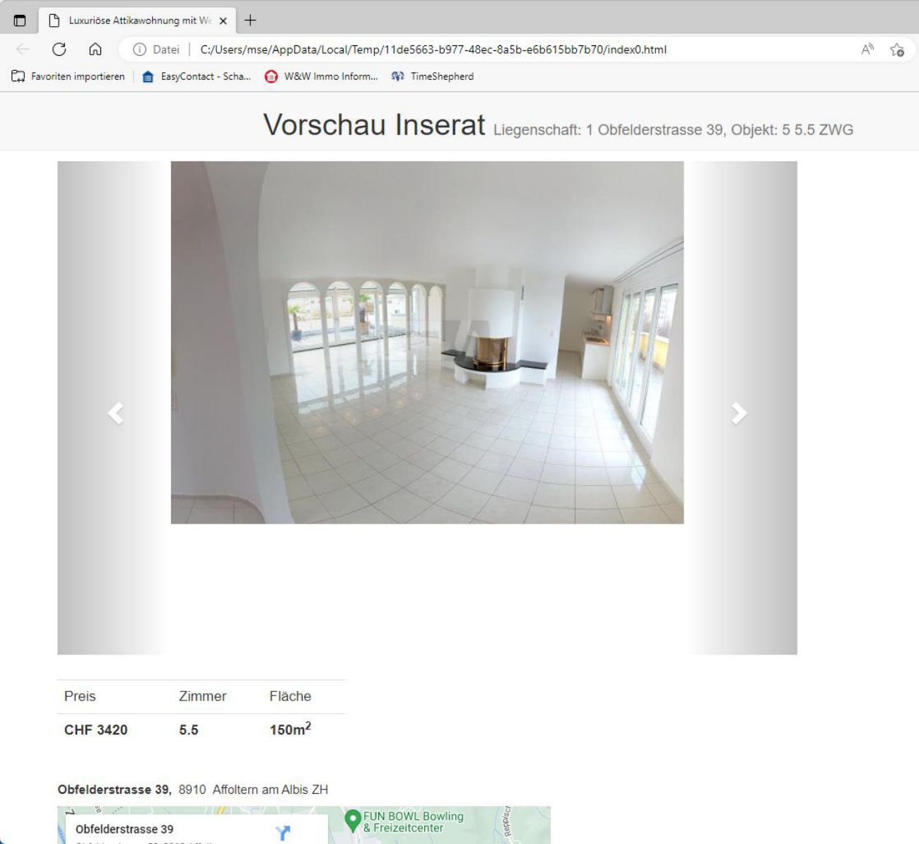 Browserfenster «Vorschau Inserat»: oben die Bildergalerie, darunter Preis CHF 3420, Zimmer 5.5, Fläche 150 m2, dann Adresse mit Karte — nicht die Darstellung des Marktplatzes, aber alle Daten.