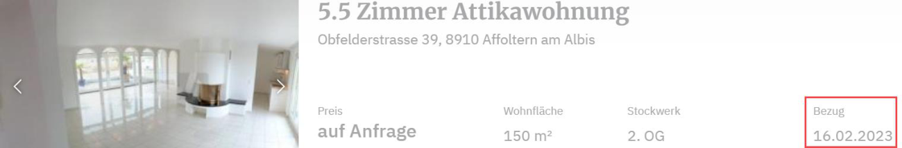 Ausschnitt des publizierten Inserats «5.5 Zimmer Attikawohnung» mit Preis, Wohnfläche 150 m², Stockwerk 2. OG und dem hervorgehobenen Feld «Bezug» mit dem Datum aus «Frei ab».
