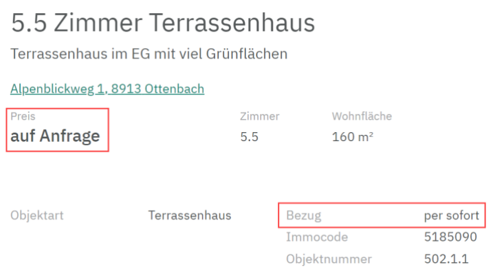 Publiziertes Kaufinserat «5.5 Zimmer Terrassenhaus»: der Preis steht hervorgehoben auf «auf Anfrage», Wohnfläche 160 m2, Feld «Bezug» auf «per sofort».