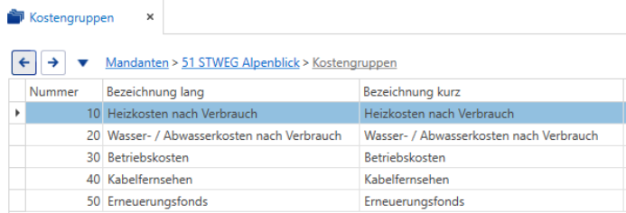 Stammdaten/Mandanten/Kostengruppen