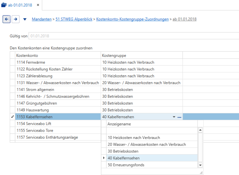 Stammdaten/Mandanten/Kostenkonto-Kostengruppe-Zuordnungen