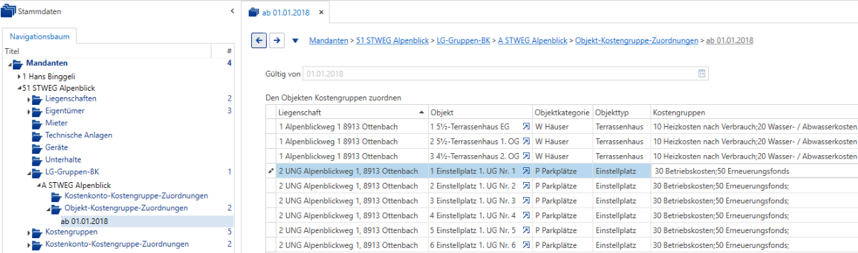 Stammdaten/Mandanten/LG-Gruppen-BK/Objekt-Kostengruppe-Zuordnungen/Detailtabelle „Den Objekten Kostengruppe zuordnen“