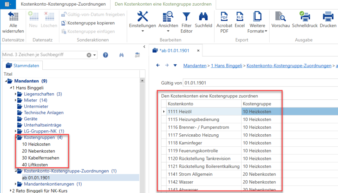 Stammdaten/Mandanten/Kostenkonto-Kostengruppe-Zuordnungen