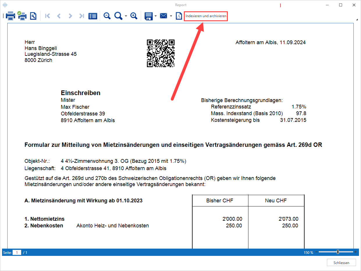 Vorschaufenster «Report» eines Mietzinsanpassungsformulars nach Art. 269d OR mit aufgedrucktem W&W QR-Code; rot markiert die Schaltfläche «Indexieren und archivieren».