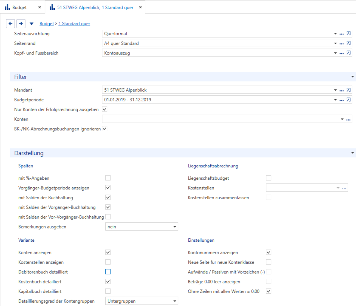 Auswertungen/ Buchhaltungen/Budget/Budgetliste