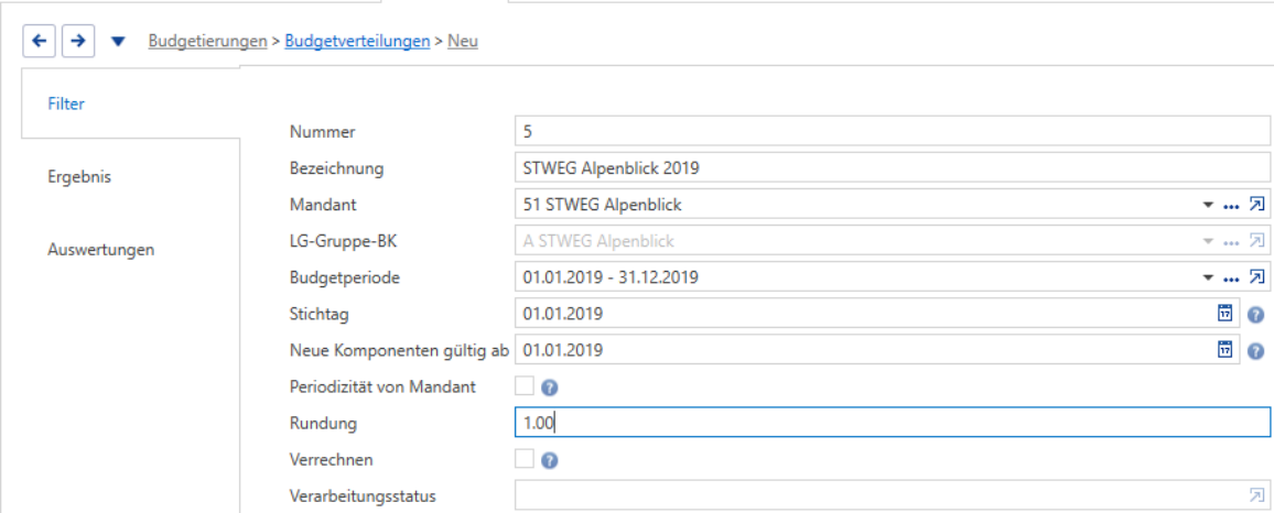 Verarbeitungen/Budgetierungen/Budgetverteilungen/Unterdialog: Filter