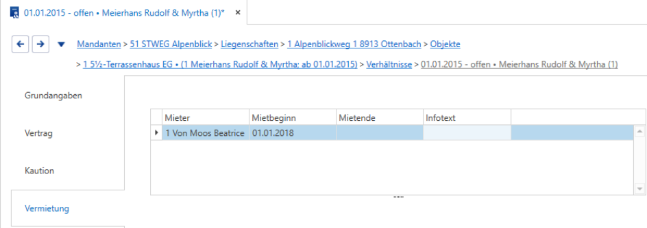Stammdaten/Mandanten/Liegenschaften/Objekte/Verhältnisse/Unterdialog: Vermietung
