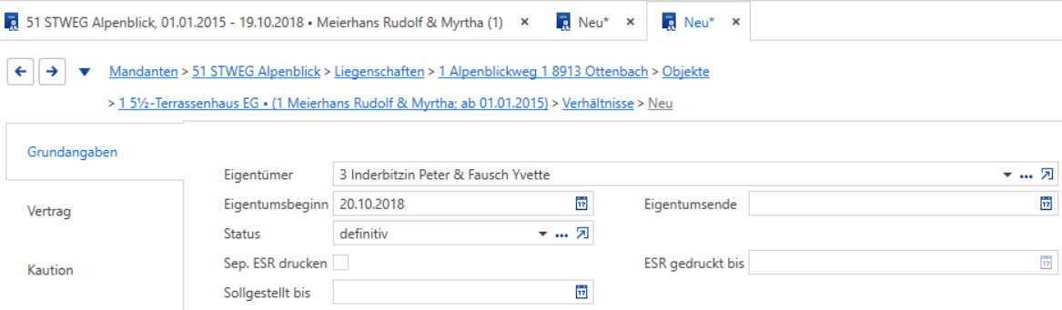 Stammdaten/Mandanten/Liegenschaften/Objekte/Verhältnisse/Unterdialog: Grundangaben/Neuer Eigentümer