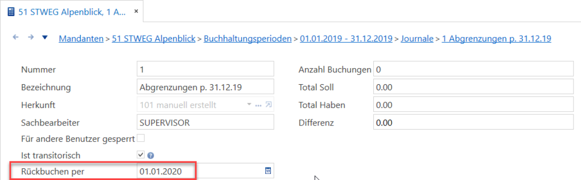 Journal «1 Abgrenzungen p. 31.12.19» mit Sachbearbeiter SUPERVISOR, gesetztem Haken «Ist transitorisch» und rot markiertem Feld «Rückbuchen per» 01.01.2020.