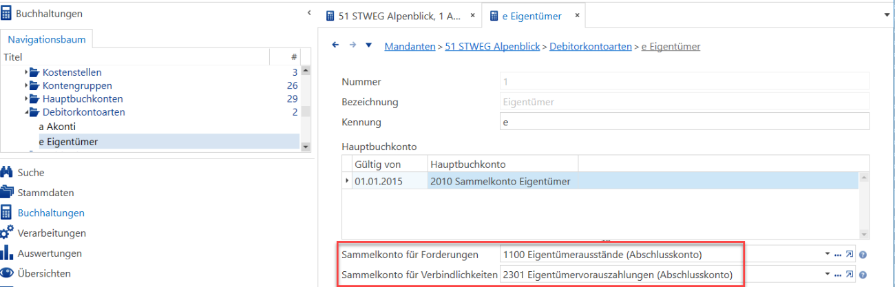 Debitorkontoart «e Eigentümer» mit Hauptbuchkonto 2010 Sammelkonto Eigentümer, Sammelkonto für Forderungen 1100 Eigentümerausstände und für Verbindlichkeiten 2301 Eigentümervorauszahlungen.