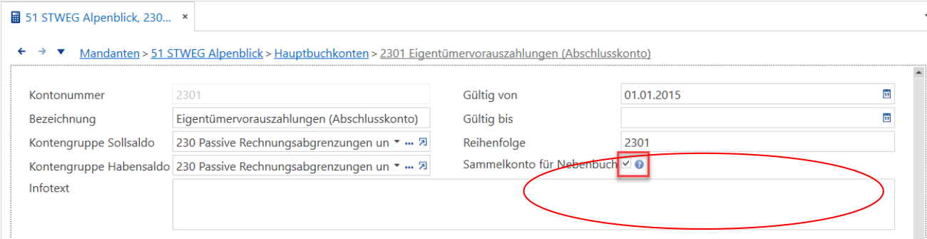 Hauptbuchkonto 2301 Eigentümervorauszahlungen mit Kontogruppe 230 Passive Rechnungsabgrenzungen und rot markiertem, gesetztem Haken «Sammelkonto für Nebenbuch».