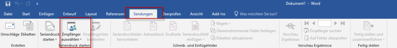 Word-Menüband mit aktivem Register «Sendungen» und rot markierter Schaltfläche «Empfänger auswählen» in der Gruppe «Seriendruck starten».