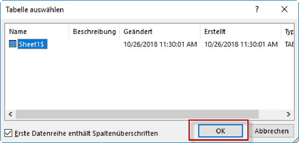 Word-Dialog «Tabelle auswählen» mit dem Eintrag «Sheet1$», gesetztem Häkchen «Erste Datenreihe enthält Spaltenüberschriften» und rot markierter Schaltfläche «OK».