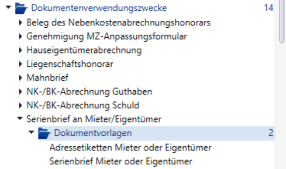 ImmoTop2-Navigationsbaum «Dokumentenverwendungszwecke» mit aufgeklapptem Eintrag «Serienbrief an Mieter/Eigentümer» und dem Ordner «Dokumentvorlagen» mit zwei Vorlagen.