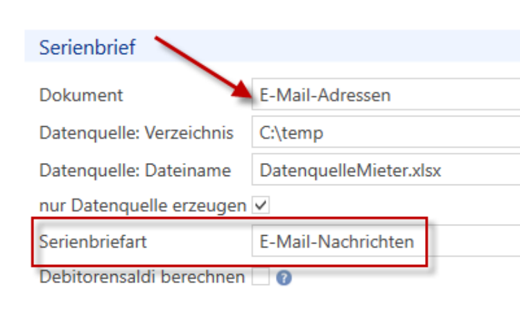 ImmoTop2-Rollo «Serienbrief» mit Dokument «E-Mail-Adressen», Datenquelle «DatenquelleMieter.xlsx» und rot markierter Serienbriefart «E-Mail-Nachrichten».