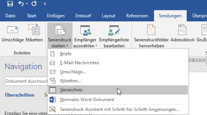 Word-Menü «Seriendruck starten» im Register «Sendungen» mit Briefe, E-Mail-Nachrichten, Umschläge, Etiketten und hervorgehobenem Eintrag «Verzeichnis».