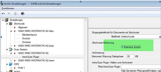Dialog «Archiv Einstellungen», Zweig Scan Session / ImmoScan Plugin: im Bereich Strichcode-Erkennung ist die Option «Intensive Suche» angehakt