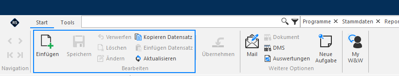 Menüband der Gruppe «Bearbeiten» mit den für das Kopieren nötigen Funktionen «Einfügen», «Kopieren Datensatz» und «Einfügen Datensatz».