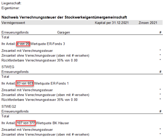 Report «Nachweis Verrechnungssteuer der Stockwerkeigentümergemeinschaft»: je Erneuerungsfonds «Ihr Anteil» mit dem Schlüssel, etwa «Wertquote ER-Fonds 3» und «Wertquote BK Häuser».