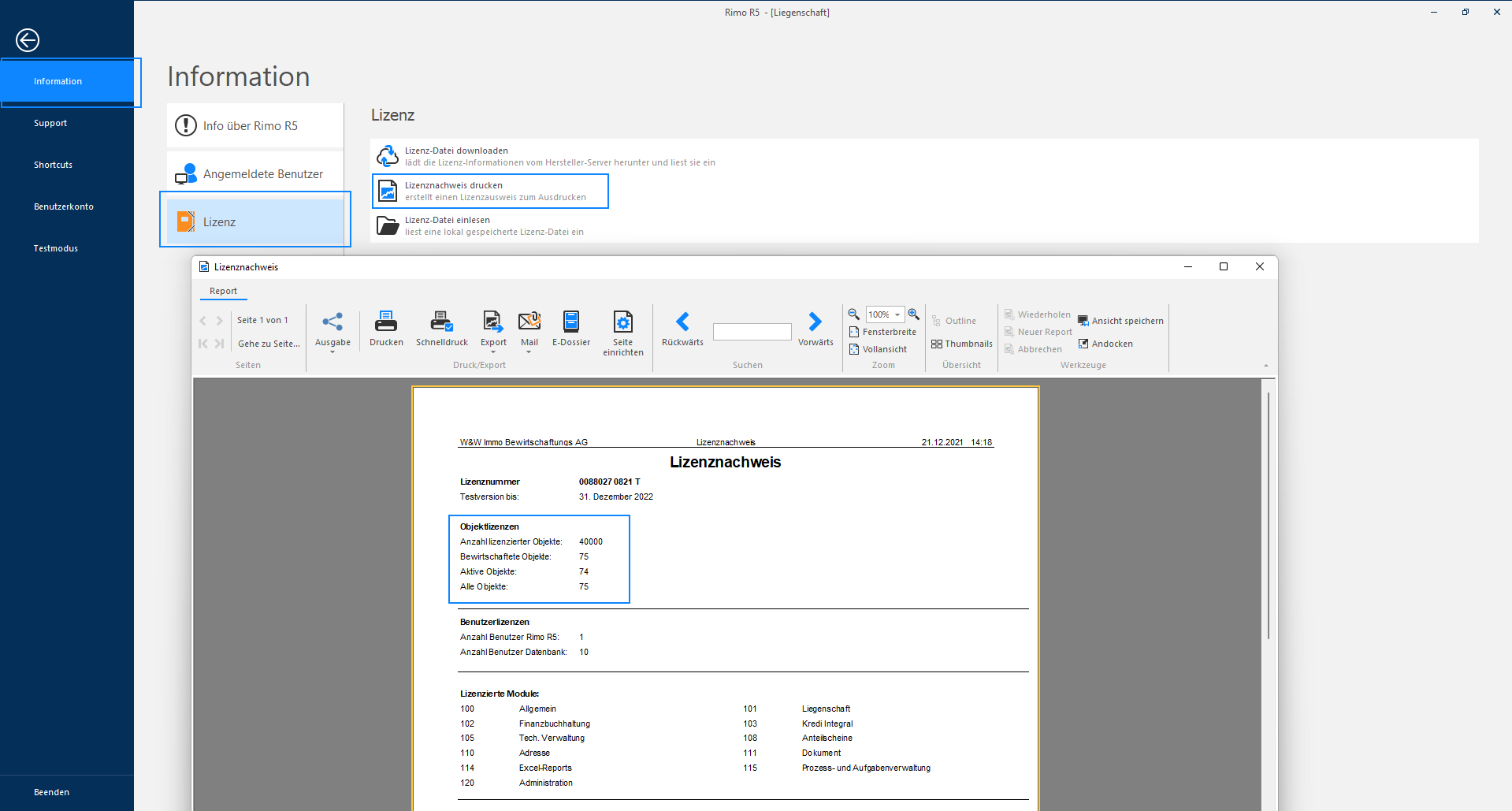Rimo-Icon / Information / Lizenz mit markierter Aktion «Lizenznachweis drucken»; im Report ist der Block «Objektlizenzen» hervorgehoben: lizenzierte, bewirtschaftete, aktive und alle Objekte.