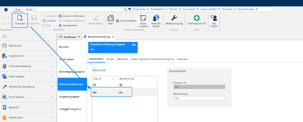 Schritt 4 — Datenberechtigungen, Register Stammdaten: über «Einfügen» wird eine Datenberechtigungsgruppe mit Gruppen-ID «alle» und Bezeichnung «alle» angelegt.