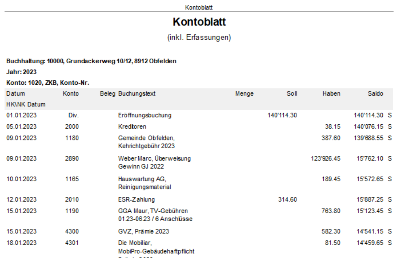 Report «Kontoblatt (inkl. Erfassungen)» im Hochformat: je Buchung Datum, Gegenkonto, Beleg, Buchungstext, Menge, Soll, Haben und laufender Saldo mit S/H-Kennzeichen.