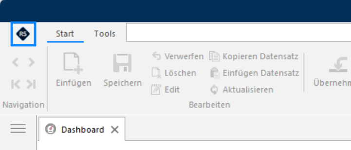 Menüband links oben: das blau umrandete R5-Icon führt ins Hintergrundmenü; daneben Start, Tools und die Gruppen Navigation und Bearbeiten.