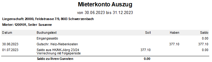Report «Mieterkonto Auszug»: Eingangssaldo 0.00, dann «Gutschr. Heiz-/Nebenkosten» im Haben und die manuelle Sollstellung im Soll, so dass der Saldo wieder 0.00 beträgt.