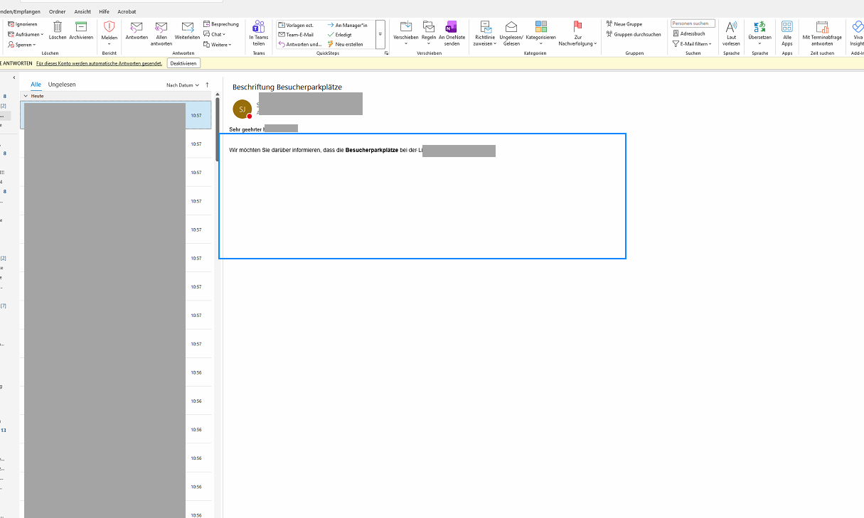 Dieselbe Korrespondenz im Posteingang des Empfängers (Outlook): angekommen sind nur die Anrede und der erste angefangene Satz, der Rest des Textes fehlt.