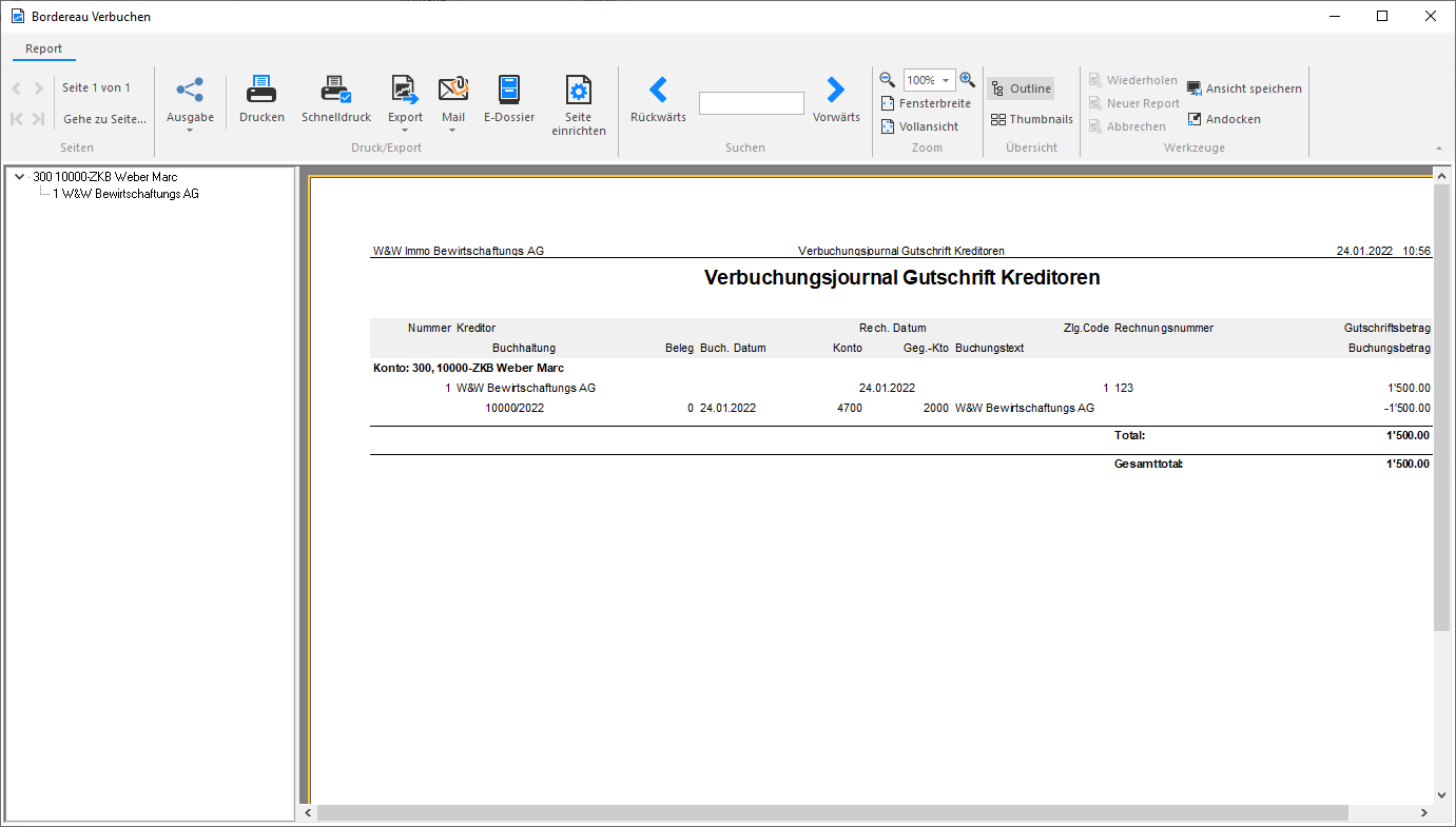 Report «Verbuchungsjournal Gutschrift Kreditoren»: eine Zeile je Kreditor mit Rechnungsnummer, Konto, Gegenkonto und Gutschriftsbetrag sowie Total und Gesamttotal.
