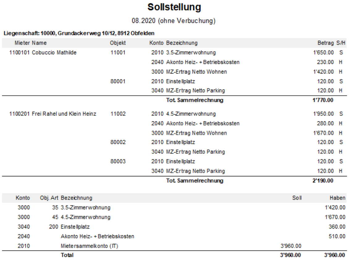 Dasselbe Journal in der Form «Lang»: je Mieter und Objekt jede Buchung einzeln mit Konto, Bezeichnung, Betrag und S/H-Kennzeichen sowie «Tot. Sammelrechnung»; unten die Konten-Zusammenfassung.
