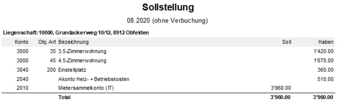 Journalform «Nur Fibubuchungen»: ohne Mieterdetails, nur die Zusammenfassung je Konto — MZ-Ertrag Wohnen und Parking, Akonto Heiz-/Betriebskosten und Mietersammelkonto, Total 3'960.00.