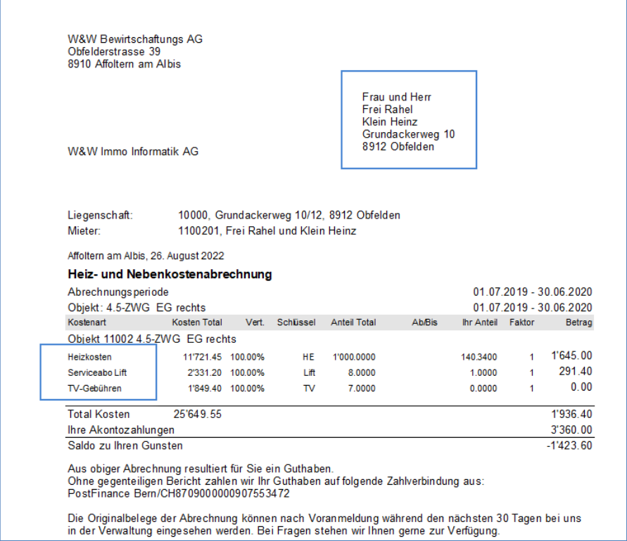 Einzelabrechnung mit abweichenden Verträgen: hervorgehoben nur Heizkosten, Serviceabo Lift und TV-Gebühren - die ausgenommene Kostenart «Betriebskosten Allgemein» fehlt in der Aufstellung.