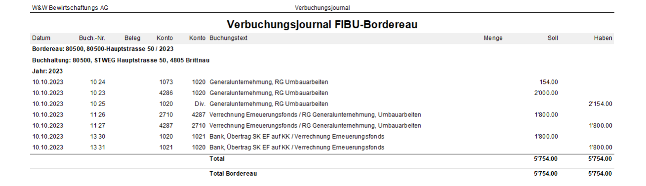 Verbuchungsjournal FIBU-Bordereau mit den sieben Buchungssätzen des Beispiels: Aufteilung der Bruttorechnung in Vorsteuer und Aufwand, Verrechnung des Erneuerungsfonds und Übertrag SK auf KK.