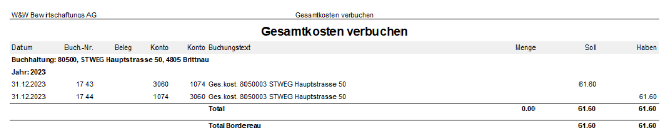 Report «Gesamtkosten verbuchen»: die beiden Buchungssätze, mit denen die Vorsteuerkorrektur zwischen Ertragskonto und Konto 1074 verbucht wird; Total und Bordereau gleichen sich aus.