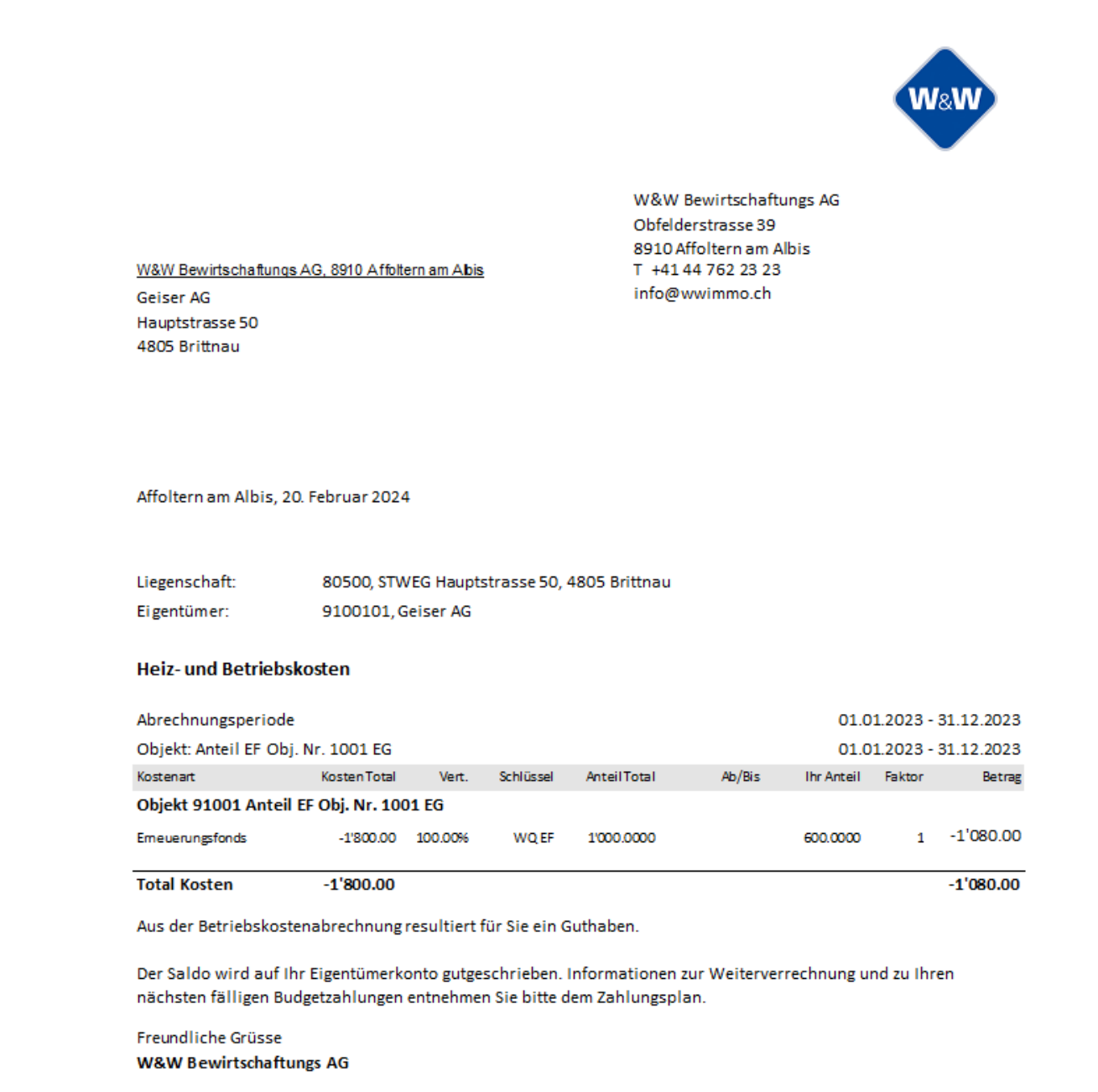 Derselbe Brief für das Anteilsobjekt am Erneuerungsfonds: eine Kostenart mit negativem Total, Schlüssel «WQ EF», Schlusstext «… resultiert für Sie ein Guthaben» — der Saldo wird gutgeschrieben.