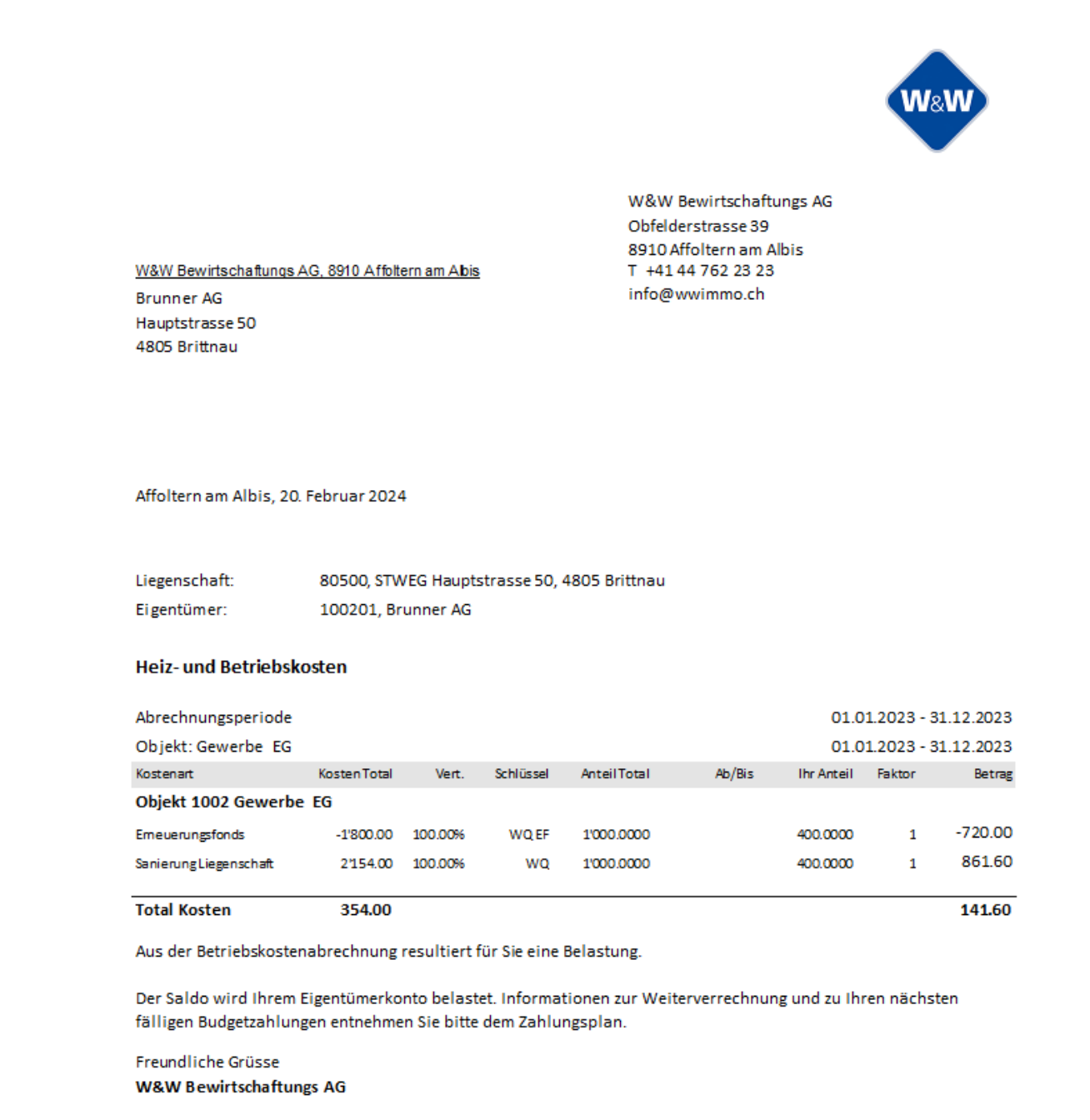Abrechnungsbrief des zweiten Eigentümers mit beiden Kostenarten: «Erneuerungsfonds» negativ nach WQ EF und «Sanierung Liegenschaft» positiv nach WQ; daraus ein Saldo zu Lasten des Eigentümers.