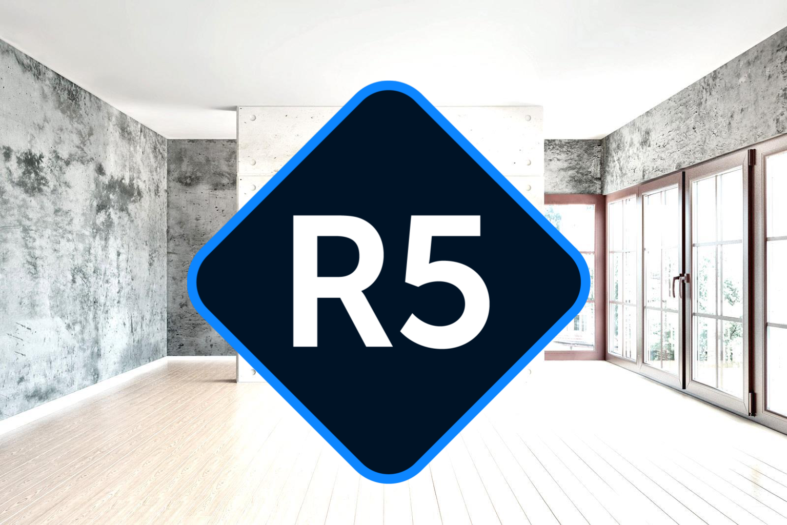 Deckblattbild der Schulungsdokumentation: das Rimo-R5-Logo über der Aufnahme eines leeren Wohnraums - trägt keinen Inhalt zum Thema bei.