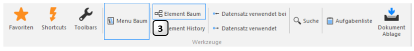 Gruppe Werkzeuge der Registerkarte Tools: 3 die beiden Schaltflächen «Menu Baum» für Funktionen und «Element Baum» für Reports.